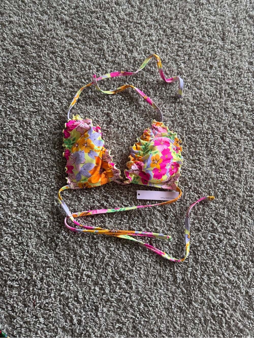 Floral Ruffle Triangle Bikini Top - Pink, Orange, Yellow